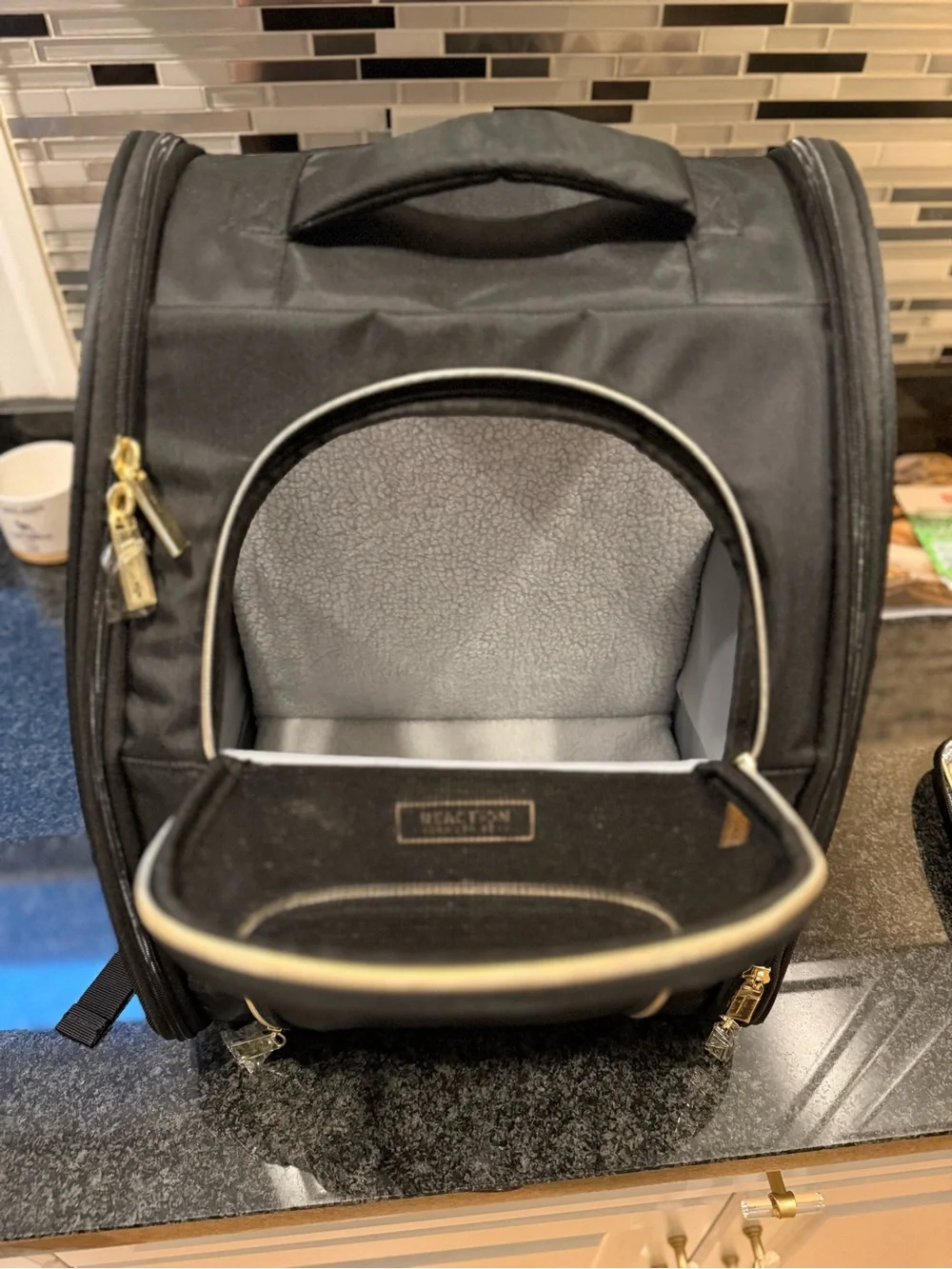 Kenneth Cole Black Pet Carrier Backpack with Gold Trim